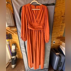 Women's Long Sleeve V-Neck Maxi Dress - Rust Orange
